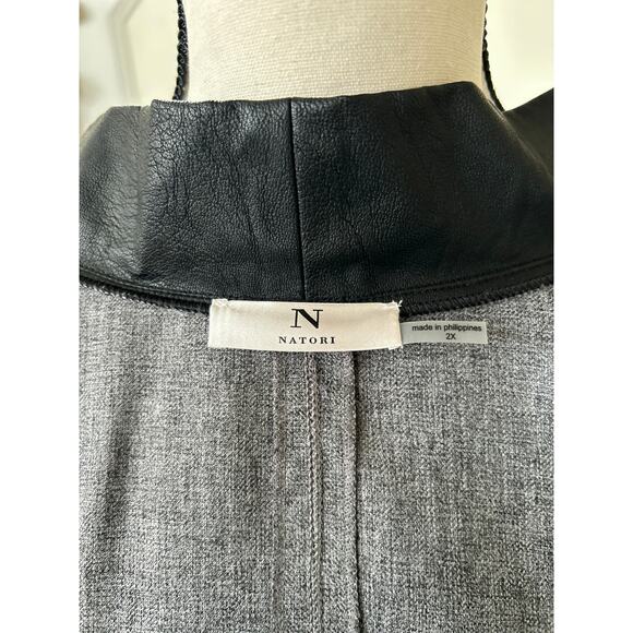 Natori Grey & Faux Leather Trim Open Kimono Cardigan - Picture 3 of 7